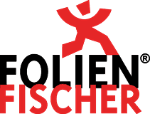 Logo Beschriftung Günstig: Stilisiertes rotes Folienmännchen läuft über Firmenschriftzug FolienFischer